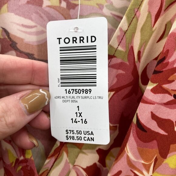 Torrid Floral Surplice Wrap Dress Bell Sleeves Red Pink Yellow Plus 1X Babydoll - Picture 6 of 15